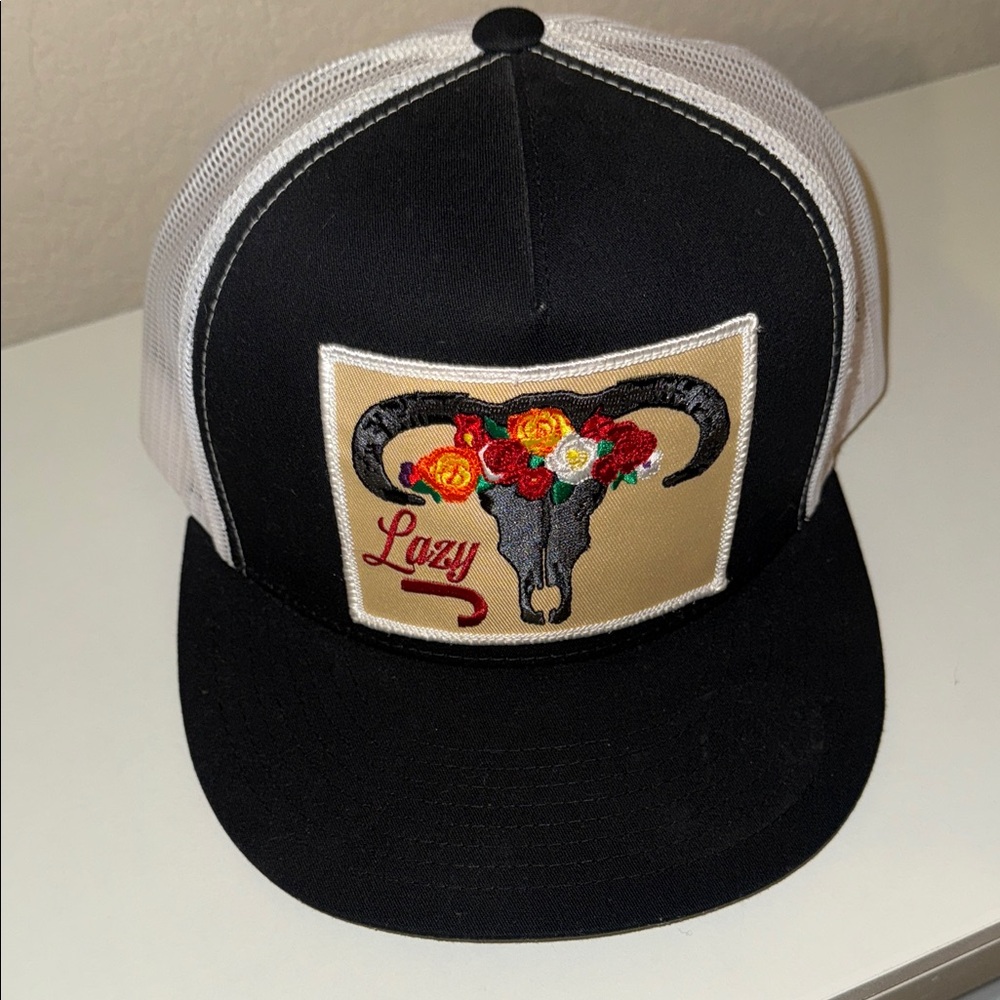 Floral Skull Embroidered Black and Tan Trucker Hat - Picture 6 of 6